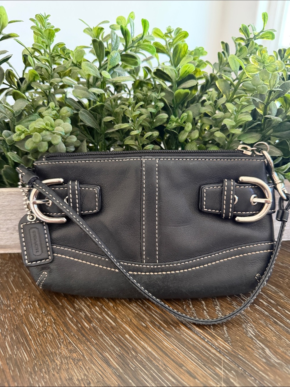 Coach SoHo Black Leather Wristlet with White Contrast Stitching and Hang tag